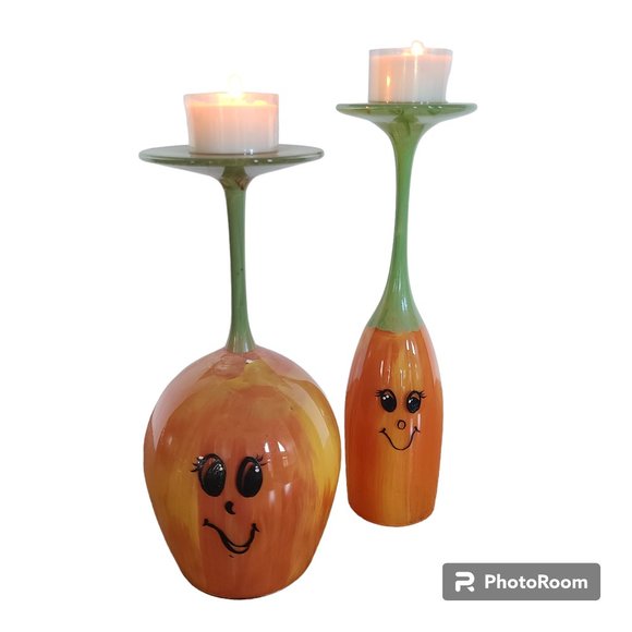 Vintage Other - Vintage Handmade Pumpkin Candleholders Votive Holders Designed From Wine Glasses
